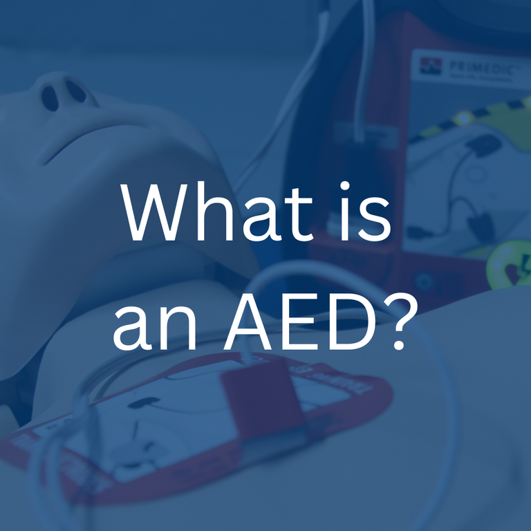 resuscitation dummy with defibrillation pad overlayed with blue colour saying "what is an AED?"